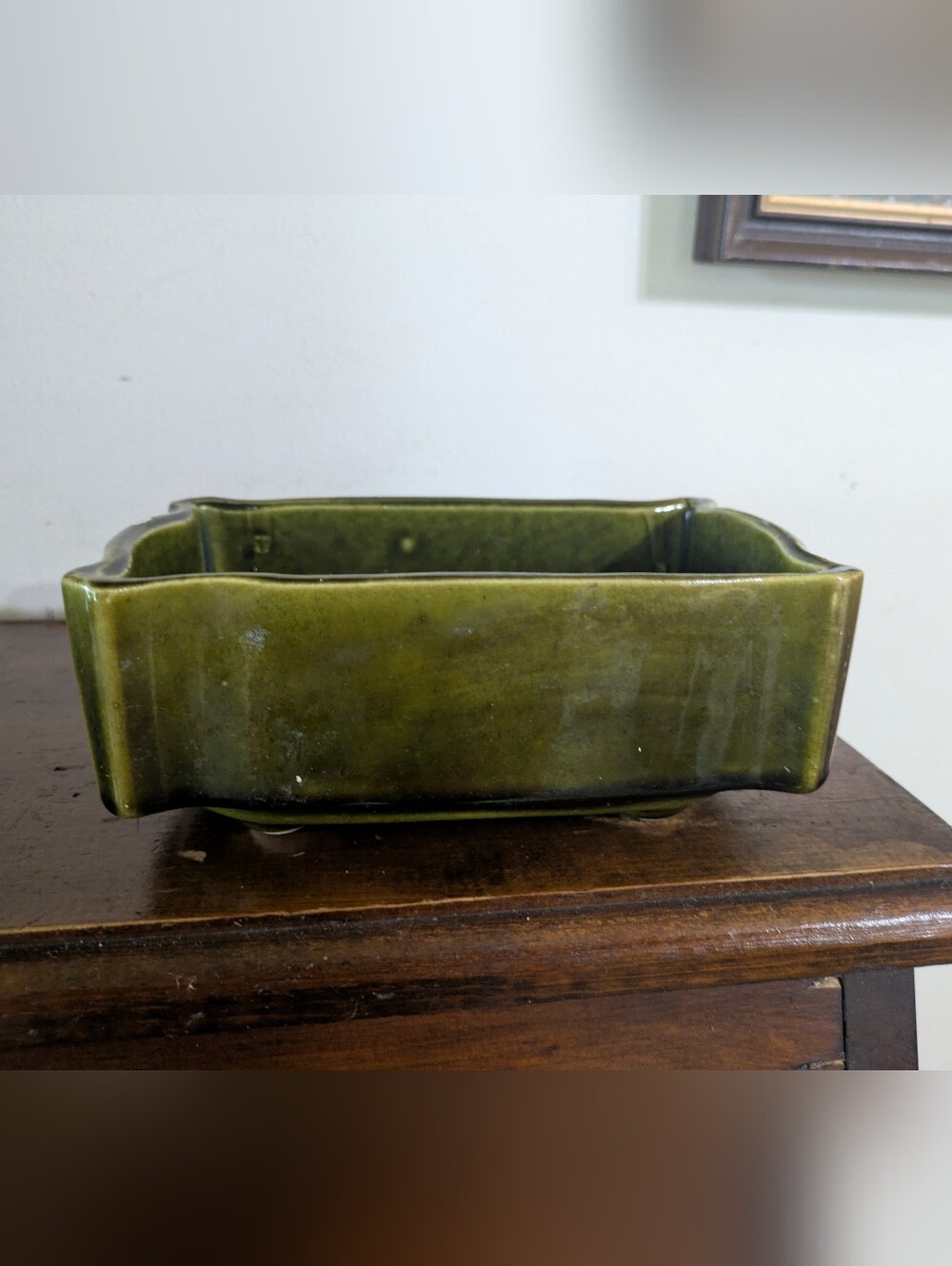 Vintage MCM Green Glazed Ceramic Pottery Planter Rectangular Footed